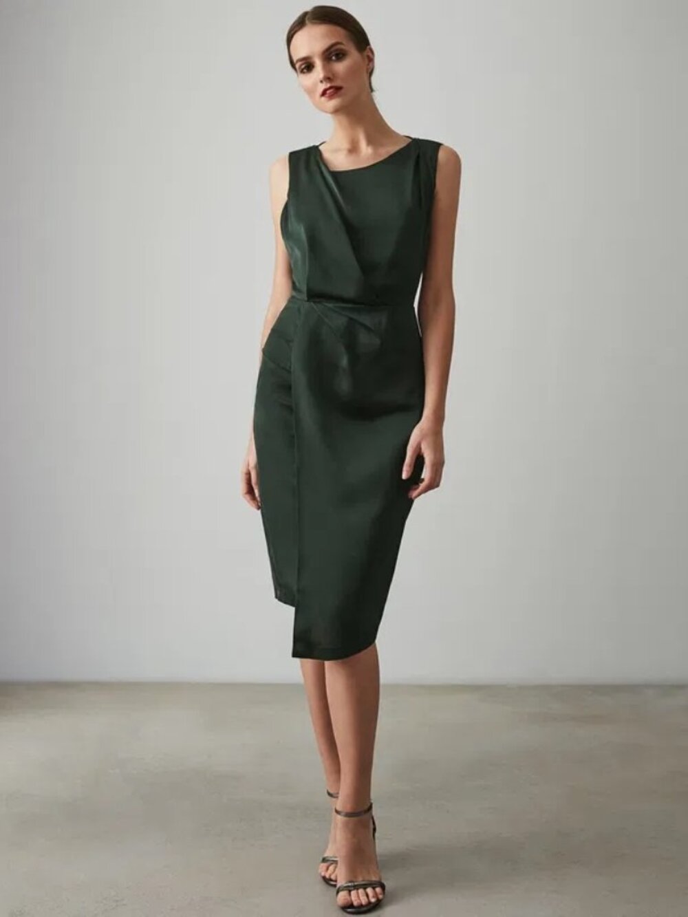 REISS Green Satin Draped Midi Dress US 4 S NWOT